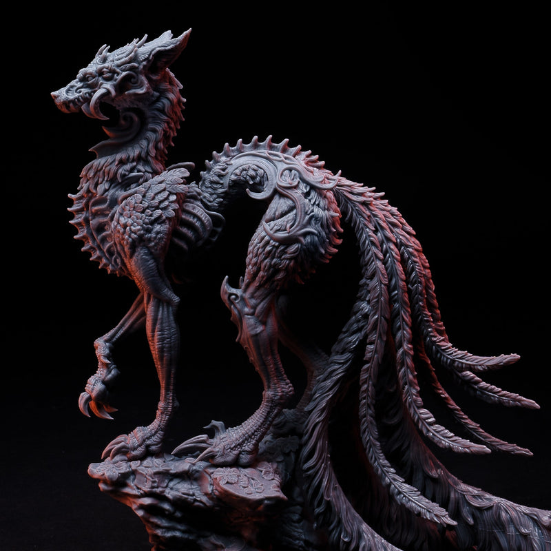 A 3D printed collectible figurine of a legendary fox-like creature with intricate details and a Mythical look, posed on a rocky surface.